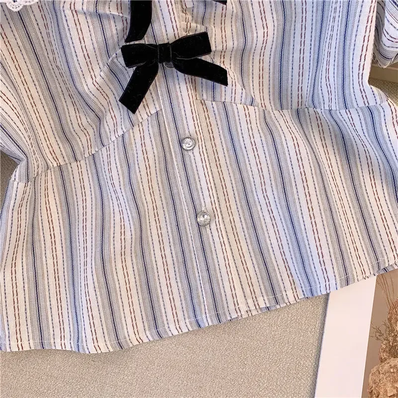 Fashion V-Neck Striped Lace Bow ShoBow Rt Sleeve Shirt Summer New 2024 Contrast Color Temperament Elegant Slim Pullovers Tops