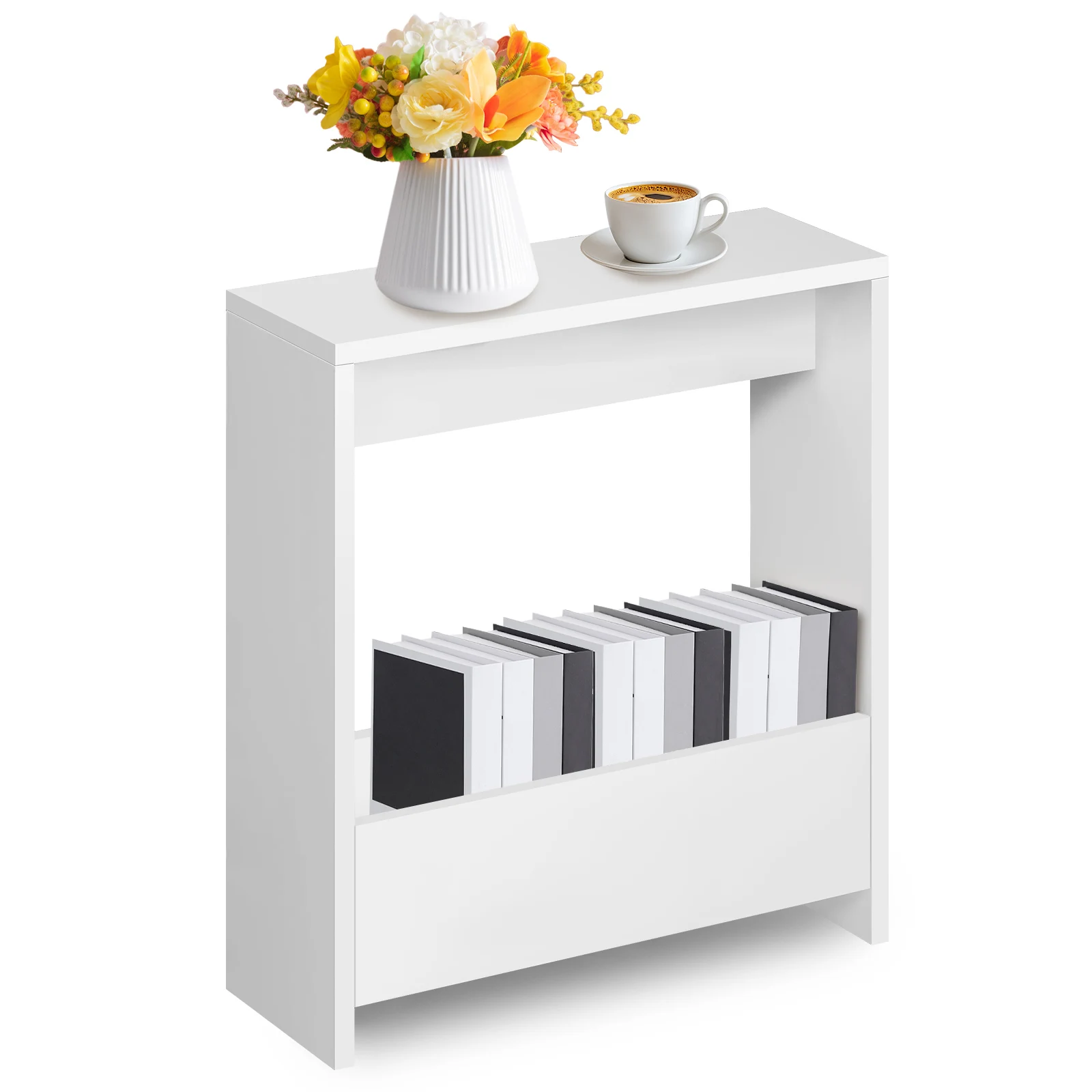 EFAN Side Table Slim End Table for Small Spaces, Narrow Bedside Table with Magazine Rack for Bedroom Living Room , Office, White