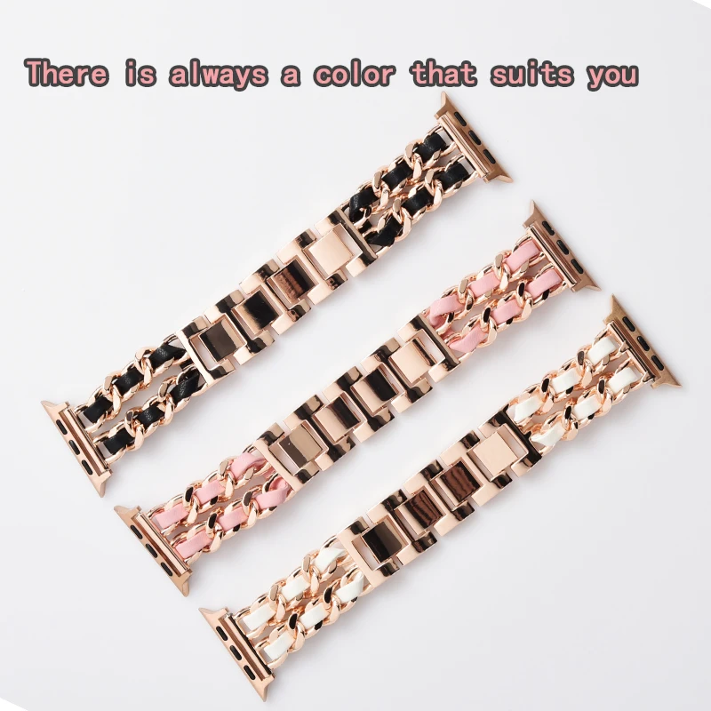 Double Row Metal Denim Chain Gold Wristband for Apple Watch Band 38 40 41 42 44 45 49 mm Strap Lady Metal Leather Bracelet