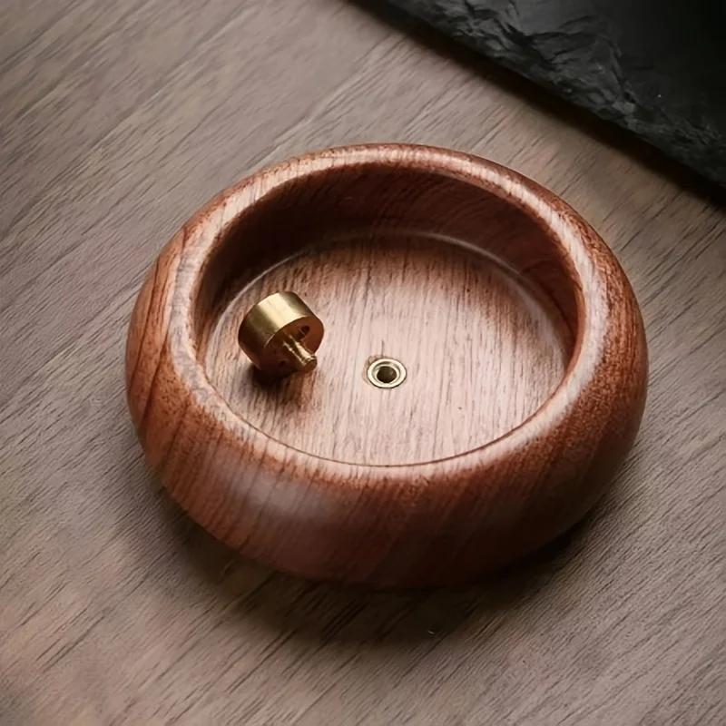 Wooden Incense Holder with Brass Insert Multi‑Hole Stick Incense Burner Round Wood Incense Tray Desktop Home Tea Room Decor