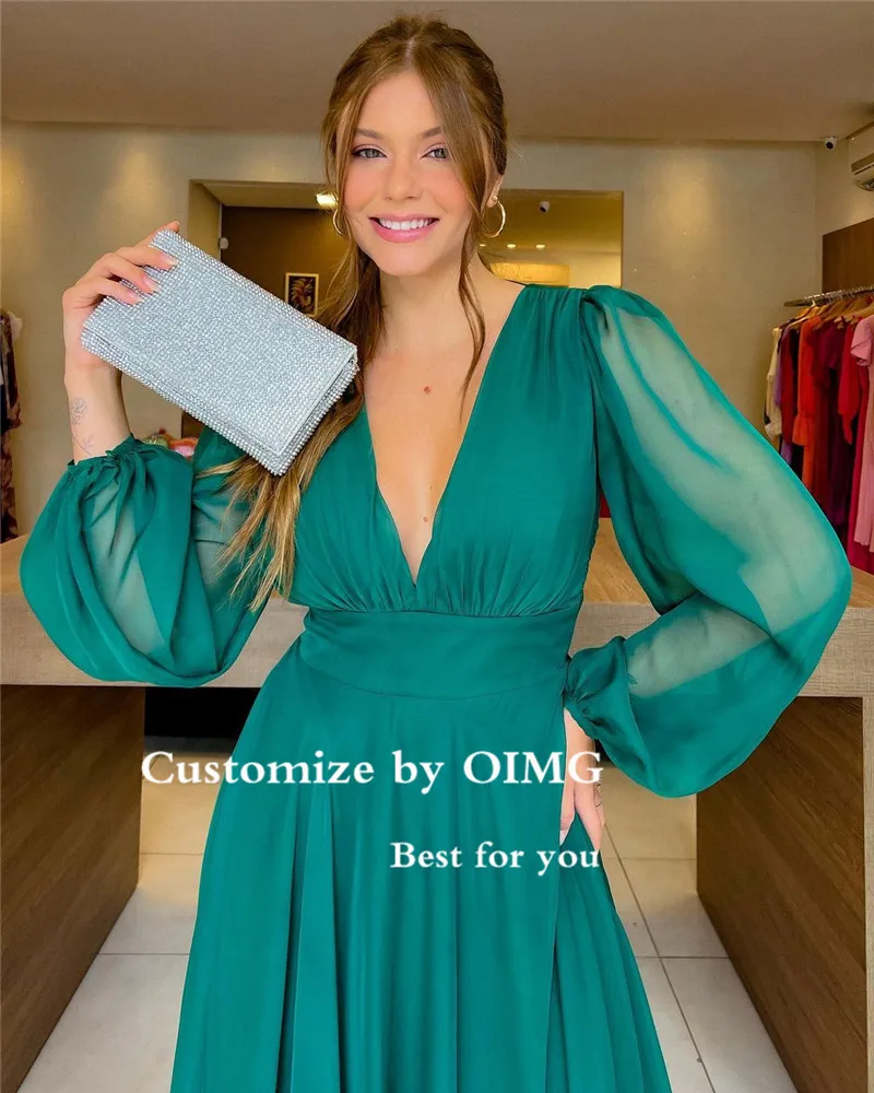 Turquoise Green Silk Chiffon Puff Long Sleeves Evening Dresses V Neck Simple Plus Size Prom Gowns Arabic Women Formal Party