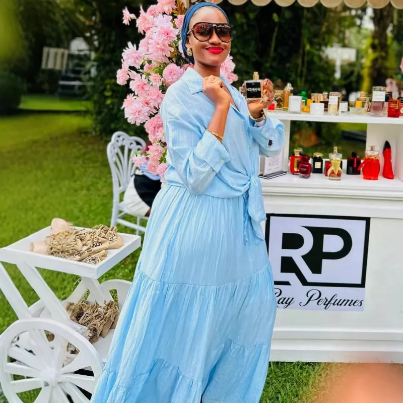 Plus Size African Women Light Blue Co-ord Set Loose Fit Shirt + Tiered Maxi Skirt Two Piece Set Comfortable Outfit For Vacation