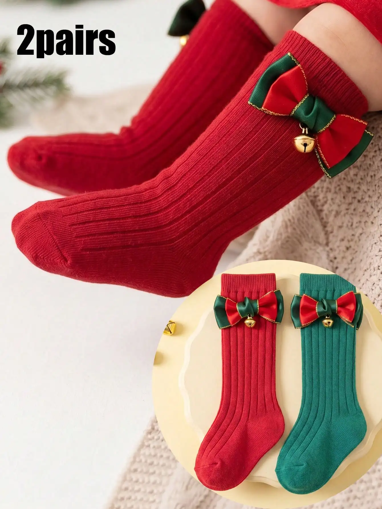 2Pairs 3‑24M Kids Bow Bell Mid Calf Crew Socks Set, Unisex Boys Girls Multi‑Color Cotton Socks for All‑Season Daily Wear