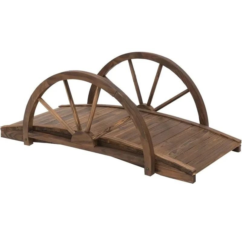 Solid Wood Garden Bridge with Half-wheel Balustrade Stained Wood Arc Footbridge with Aluminum Metal Frame Pavilion Arch