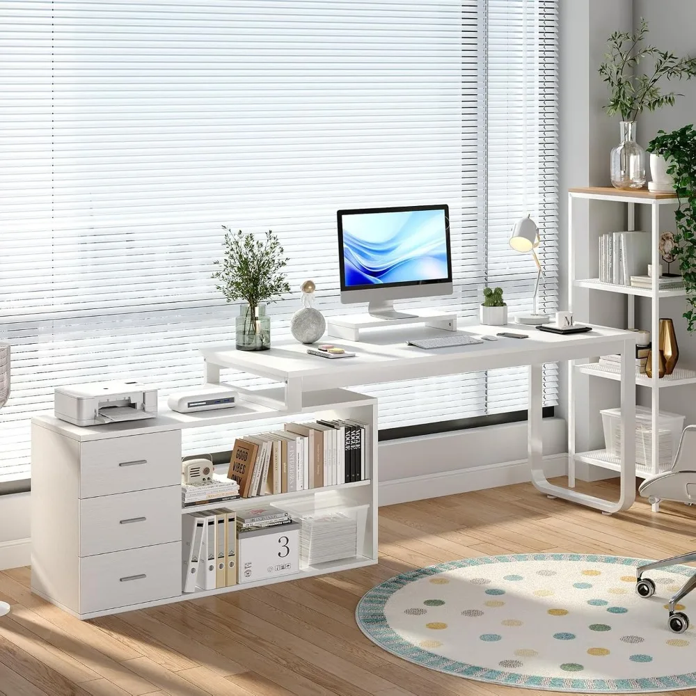 L Shaped Desk with Drawers and Shelves, 55 Craft Desk with Storage, Removable Monitor Stand, Reversible L Shaped Desk, Co