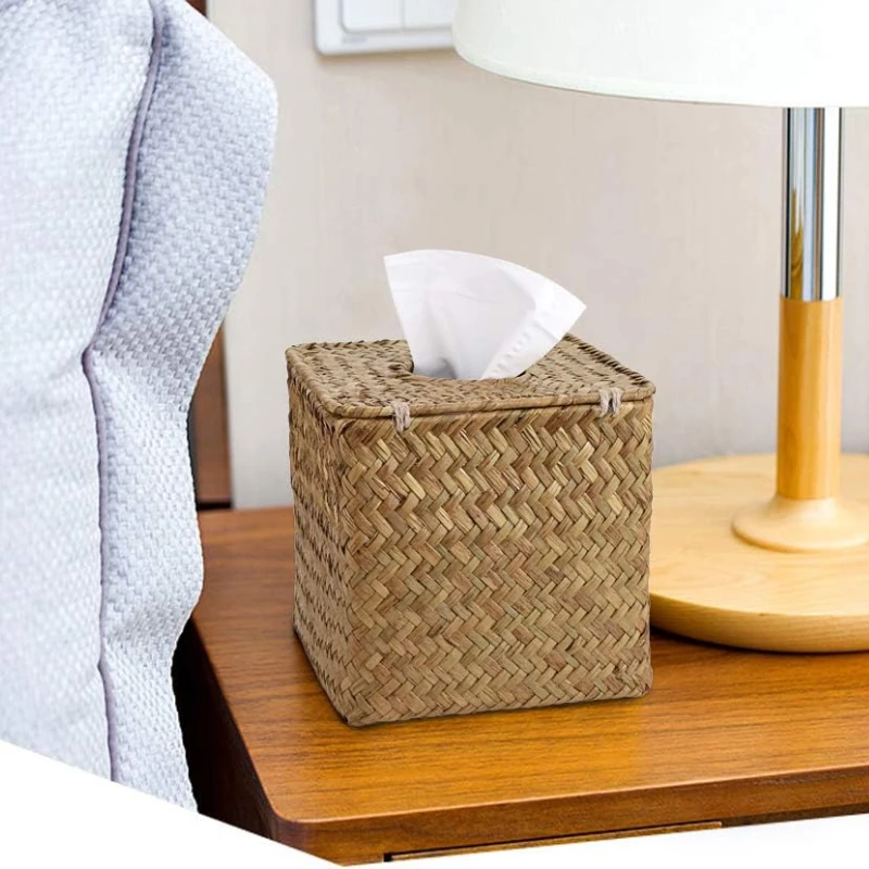 Square Seagrass Car Tissue Box Holder with Lid Woven Rustic Decor - view 4