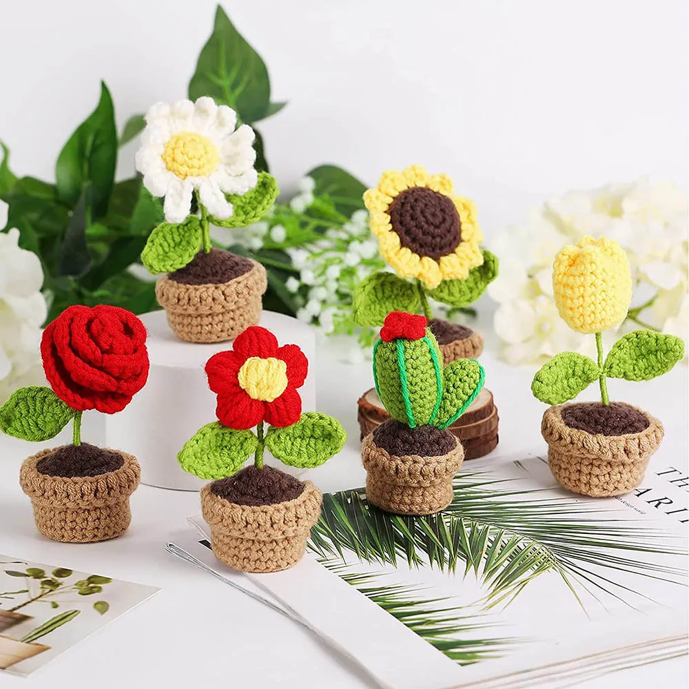 Crochet Flower Tuilp Daisy Artificial Flowers Hand-knitted Flower Homemade Crochet Knitted Flower Car Home Desktop Decoration