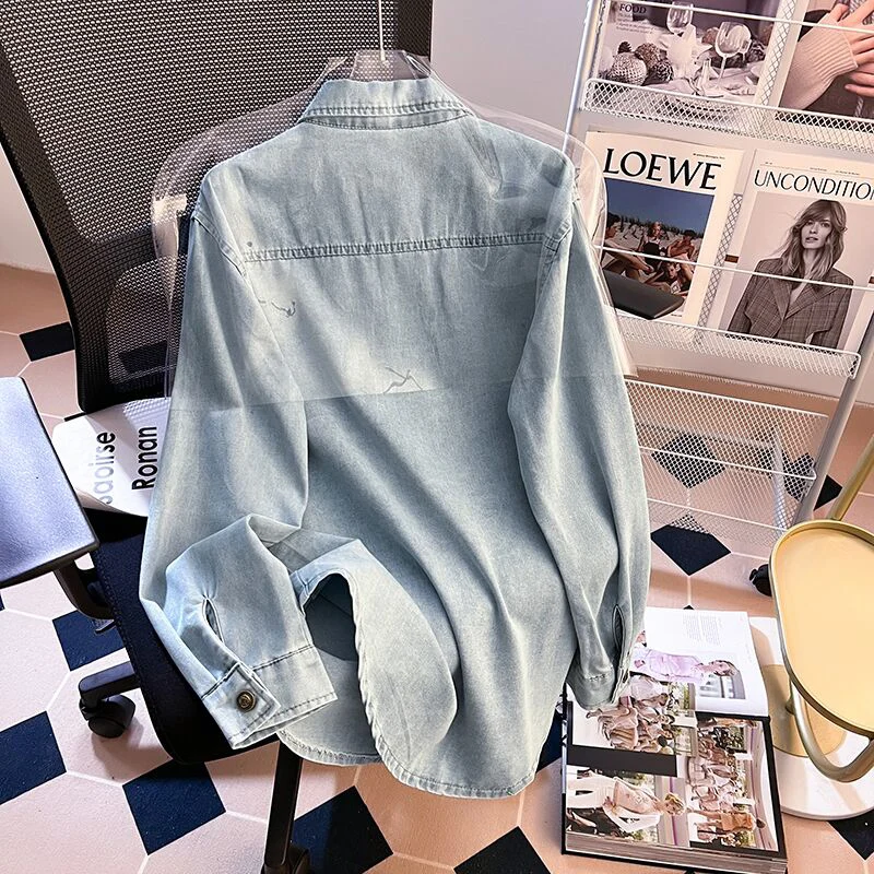 Retro Lapel Denim Shirts For Women Spring Autumn Trend Versatile Single Breasted Tops Female Casual Long Sleeved Blue Coats