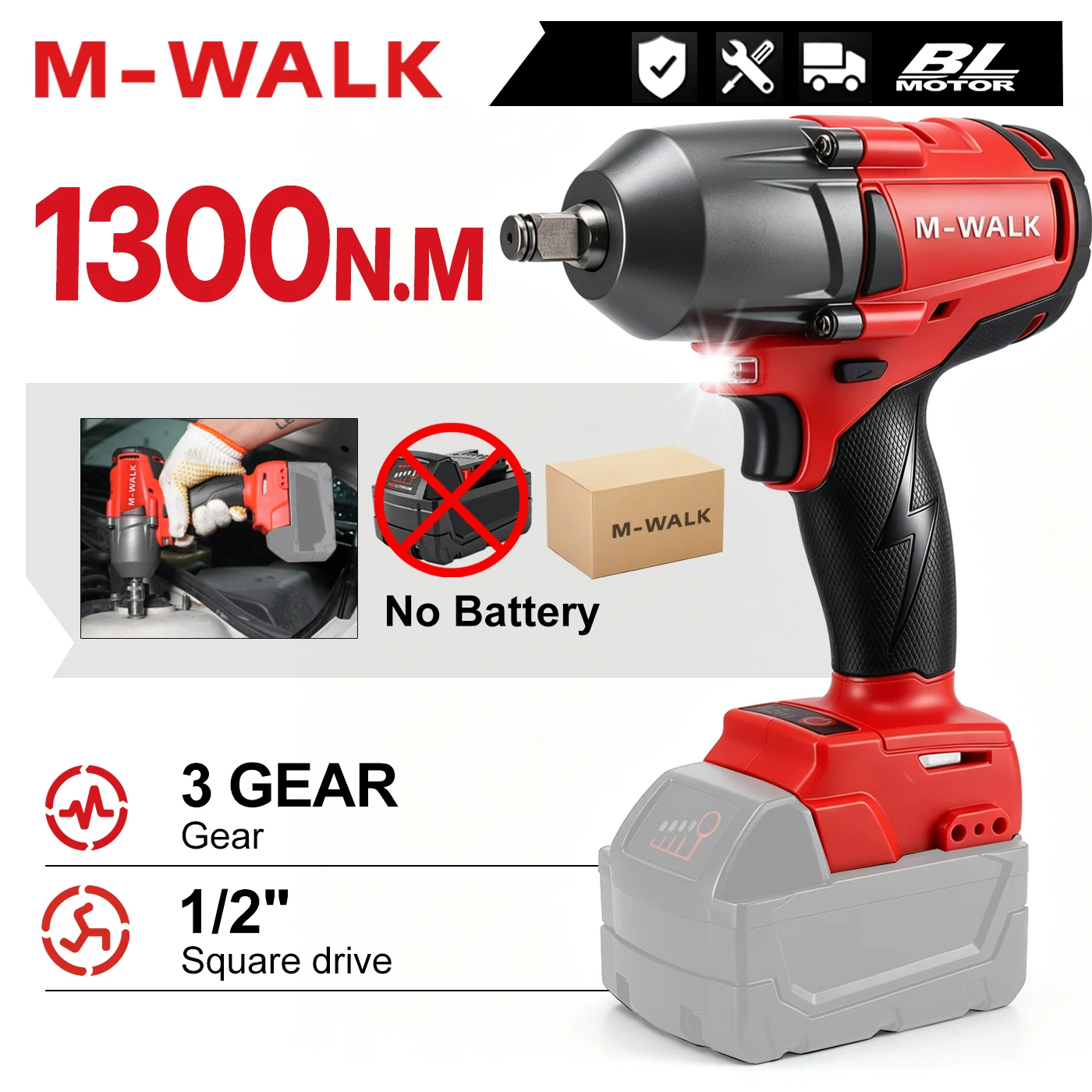 M-WALK Cordless Impact Wrench Brushless 1/2in 1300N.M 2000RPM High Torque Power Impact Wrench For Milwaukee 18V Battery Pins