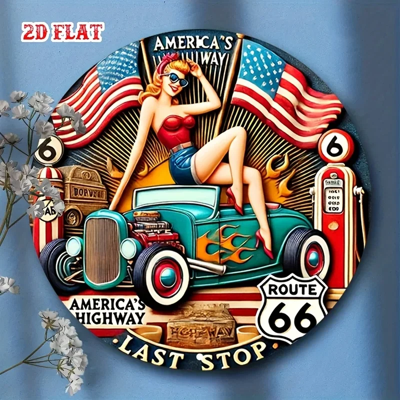 Vintage Metal Sign Route 66 Pin-Up Girl Hot Rod Car 2D Flat 1pc Iron round Poster Featuring Iconic American Highway Decor