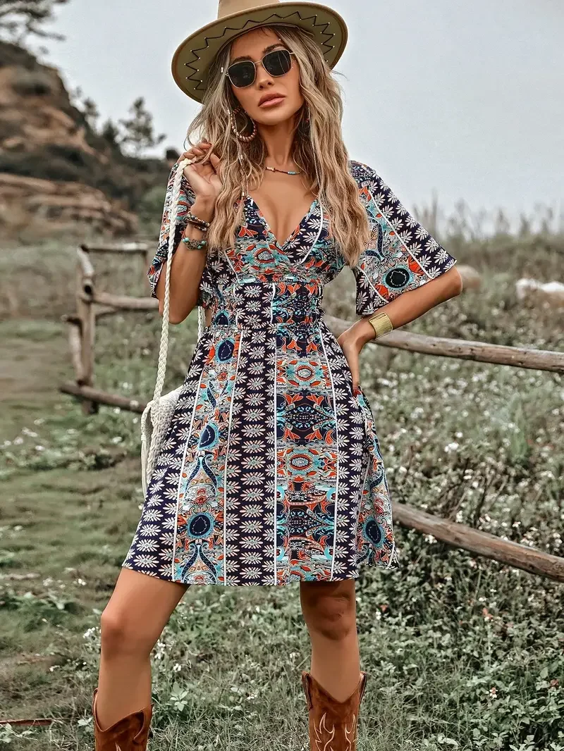 

Летнее этническое стильное элитное элегантное платье с завязкой на талии