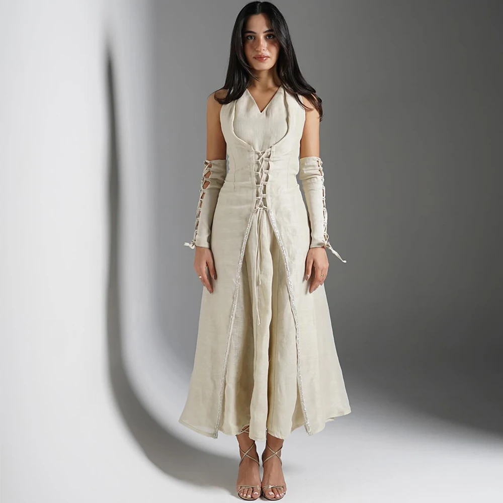 

Elegant Jersey V-Neck Evening Dress Classic Detachable Sleeve Prom Dresses Luxury Appliques Customized Special Occasion Gowns