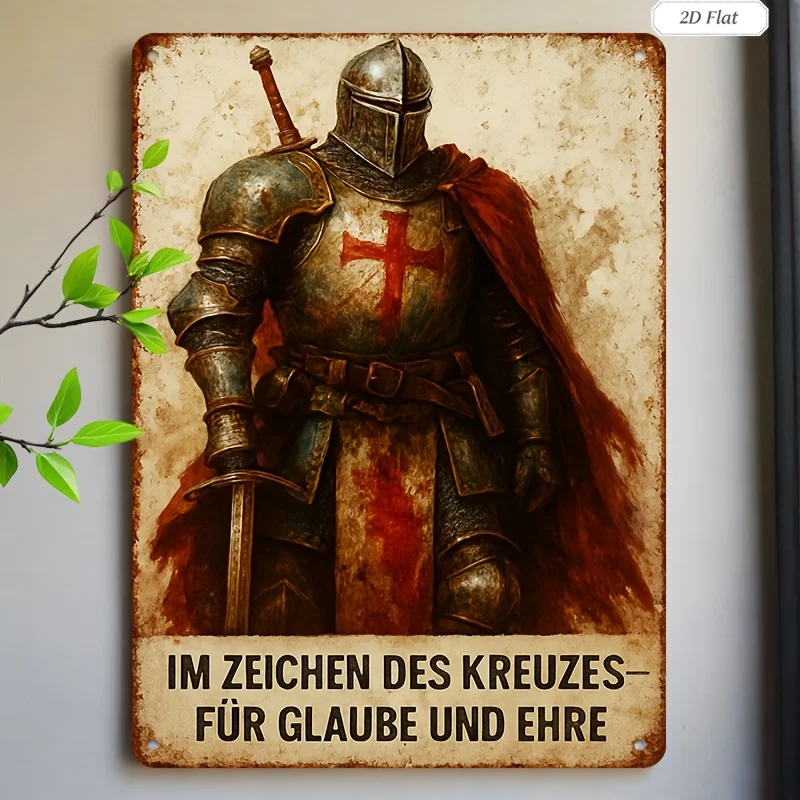 2D Flat - 1pc 2D Flat Sign Featuring a Medieval Knight in Armor Adorned with a Red Cross And Cape, Vintage Metal Artwork Suitabl