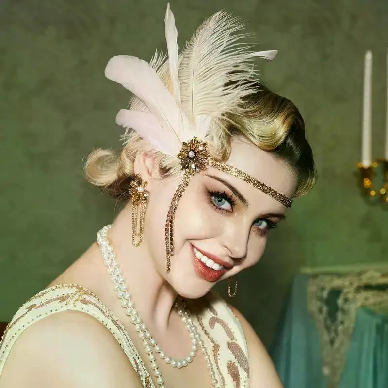 1920s Party Pearls HairBand Jewelry Kit Vintage Headpiece Earrings Necklace Bracelet Gloves For Women Banquet Gift