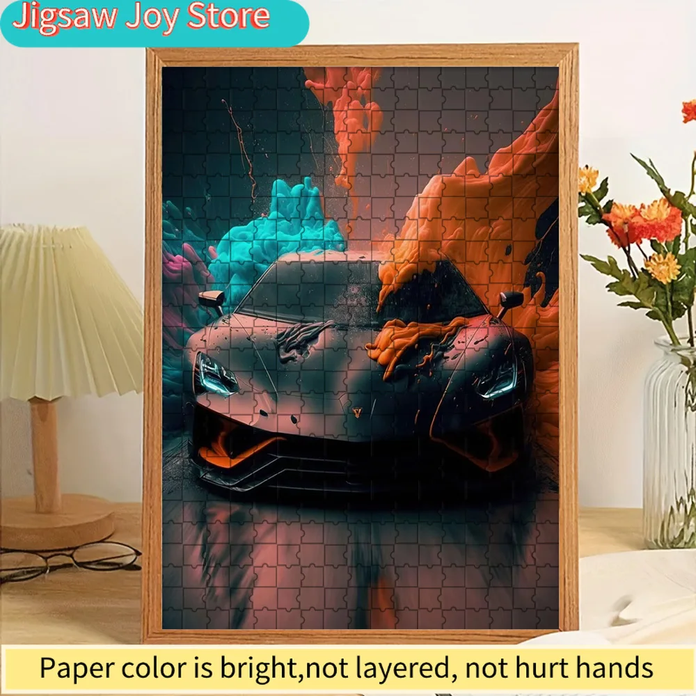 

Paper Jigsaw Puzzle Sleek Black Supercar with Vibrant Cyan & Orange Ink Splash Art Print Wall Decor High-Performance Italian Spo