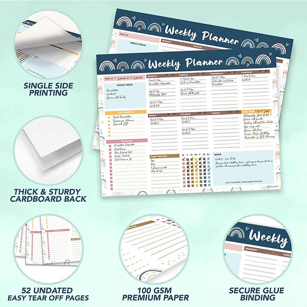 おしゃれなメモ帳デスクオーガナイザー、スパイラルバインディング付き週間プランナー、学校・仕事用ToDoリスト52枚