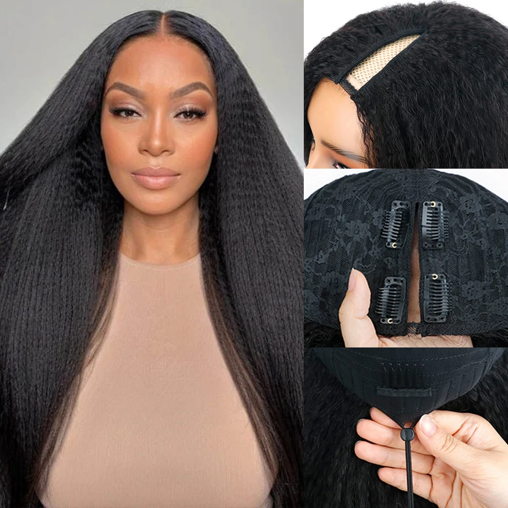 شعر مستعار غريب مستقيم على شكل حرف V 100% شعر بشري 16-32 بوصة شعر مستعار للنساء مع رباط لا يترك ودية للمبتدئين