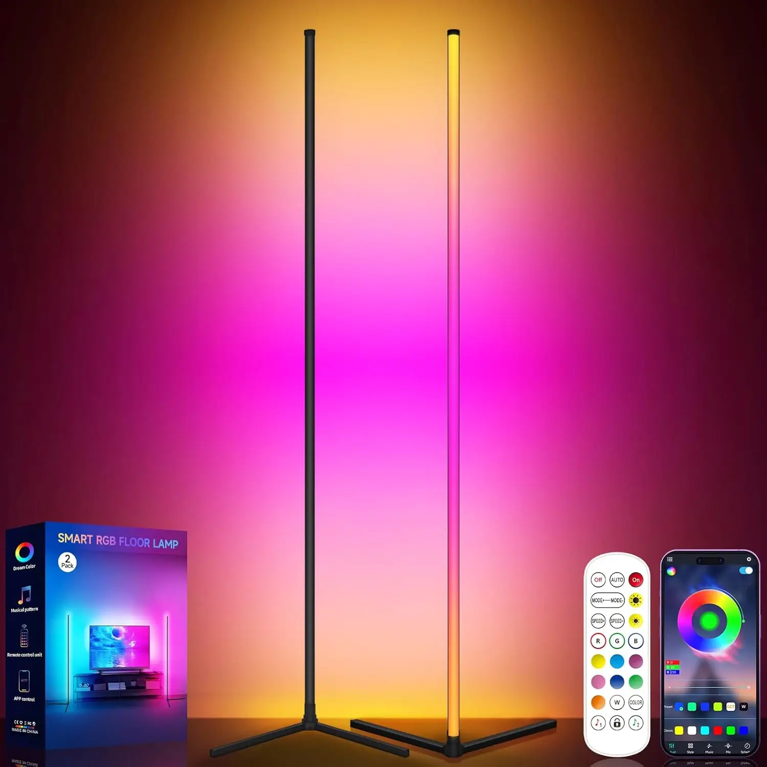 

2-Pack Corner Floor Lamps with Remote, RGB Standing LED Light Sticks, Music Sync Dimmable Ambient Lights for Bedroom,Gaming