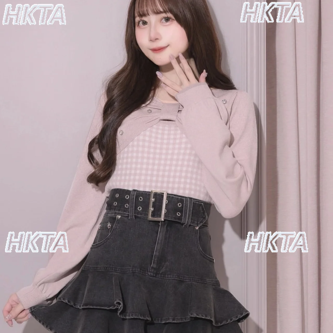 Japonais doux Cool coeur poche Double rangée trou ceinture mignon gonflé Pu jupe 2025 hiver nouvelle taille haute mince noir Denim jupe