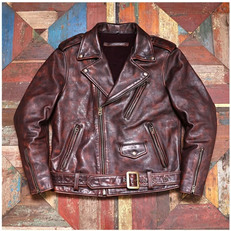 Red Brown Autumn Leather Jacket Men Retro Style Plus Size 5XL Genuine Natural Cowhide Turn-Down Collar Motorcycle Sports Coat