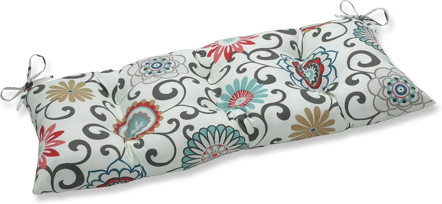 

Floral Indoor/Outdoor Sofa Setee Swing Cushion With Ties Weather, And Fade Resistant, 18.5"" X 44"", Blue/Brown Pom Pom Play
