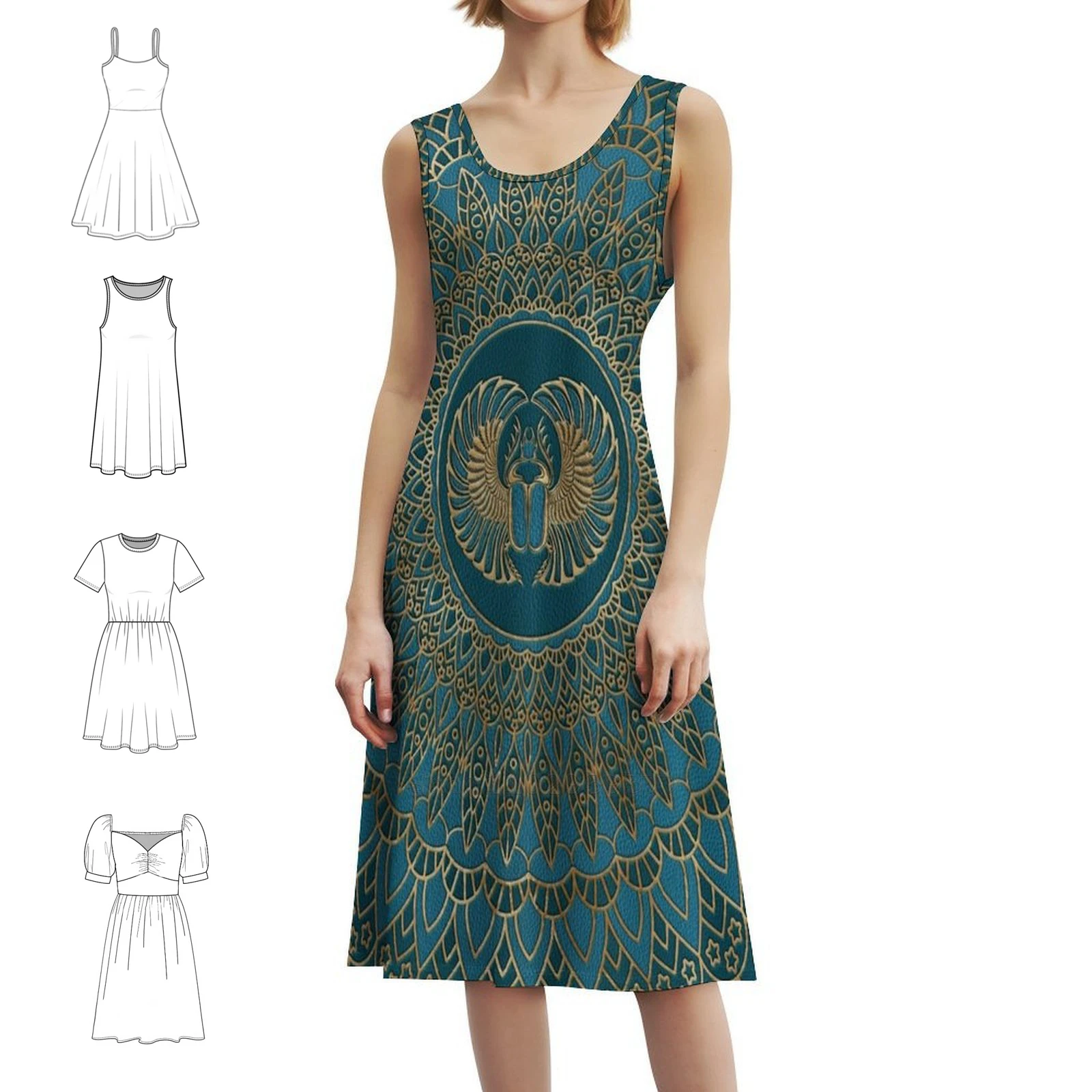 Egyptian Scarab Beetle Gold On Teal Leather Floral Smock Dress For Women Spring Summer Casual Dress For Party Amulet Scarab
