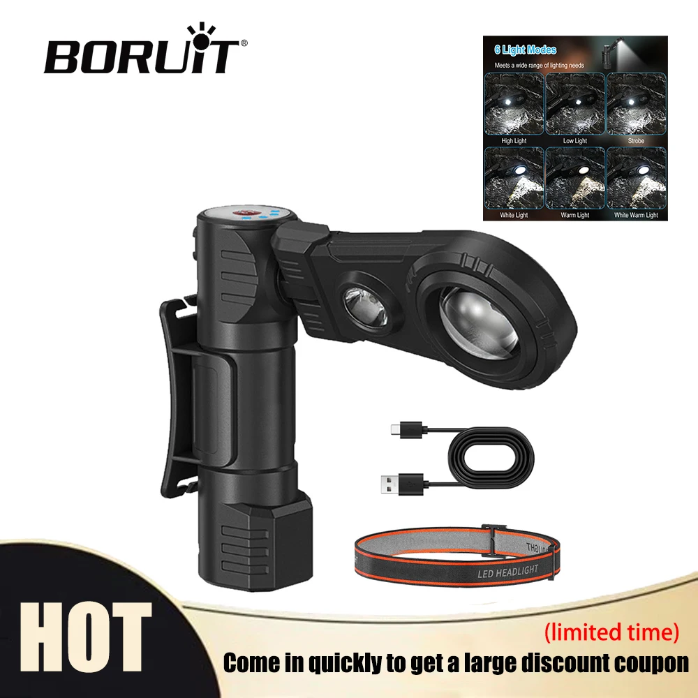 

BORUiT Ultra Bright LED Headlamp Rechargeable Multifunction Work Light with Spotlights for Auto Repair Outdoor Camping Use