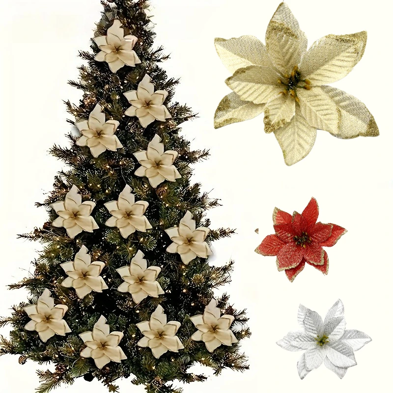 10 Stück Gold Silber Rot Weihnachtsbaum Dekorative Blumen Urlaub Ornamente Saisonale Dekor Kunststoff Blüten Verzierungen Bündel