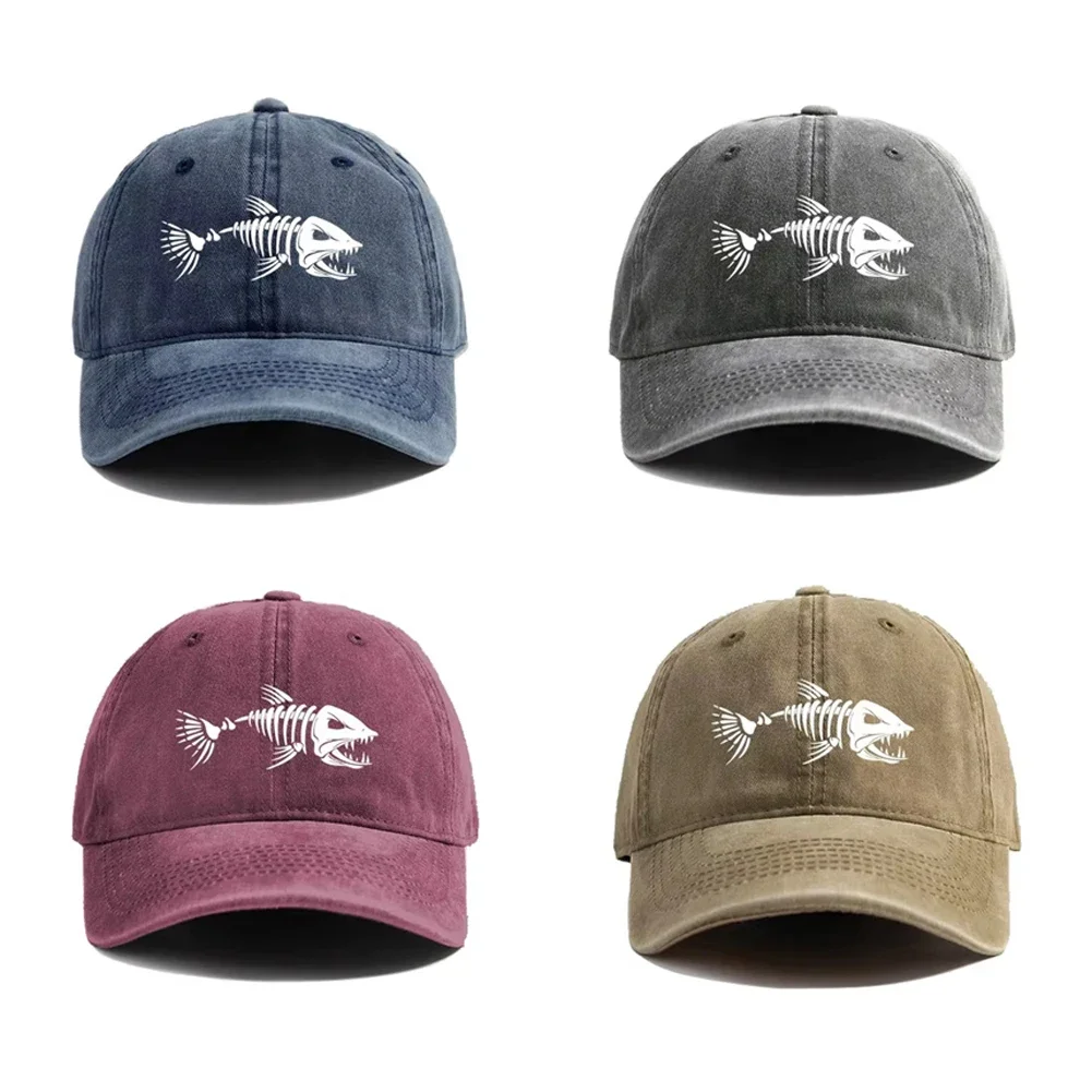 Distressed Retro Fish Bone Print Baseball Cap Unisex Adjustable Snapback Sun Hat For Fishing Outdoor Travel Daily Accessories