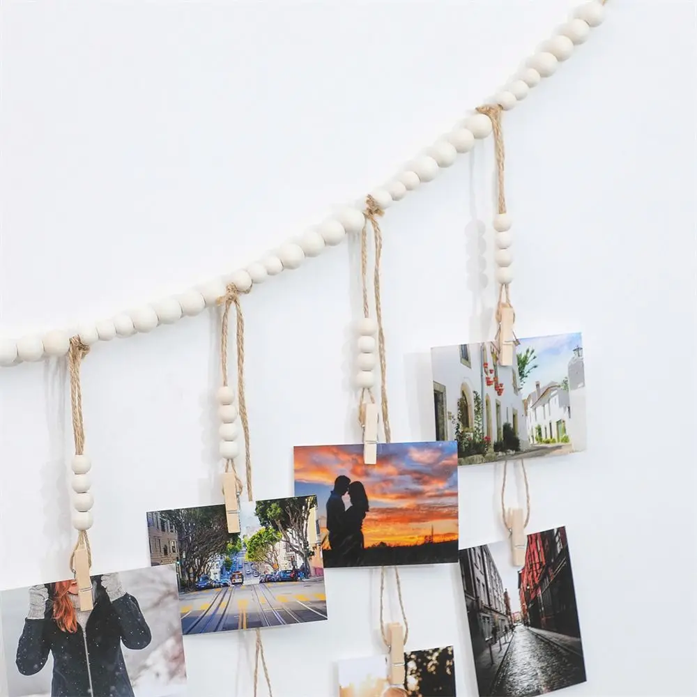 Cadena para colgar cuadros en la pared, clips de madera con borlas, soporte para fotos con cuentas de madera, decoración de pared para el hogar, dormitorio o dormitorio universitario