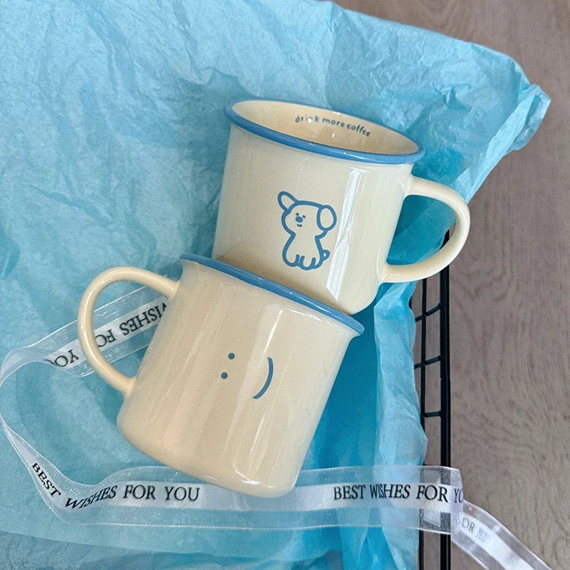Original Smile Dog Ceramic Mugs Microwave Safe Blue Coffee Cups Gift Box Set for Best Friend Water Cups without Lid 270ml