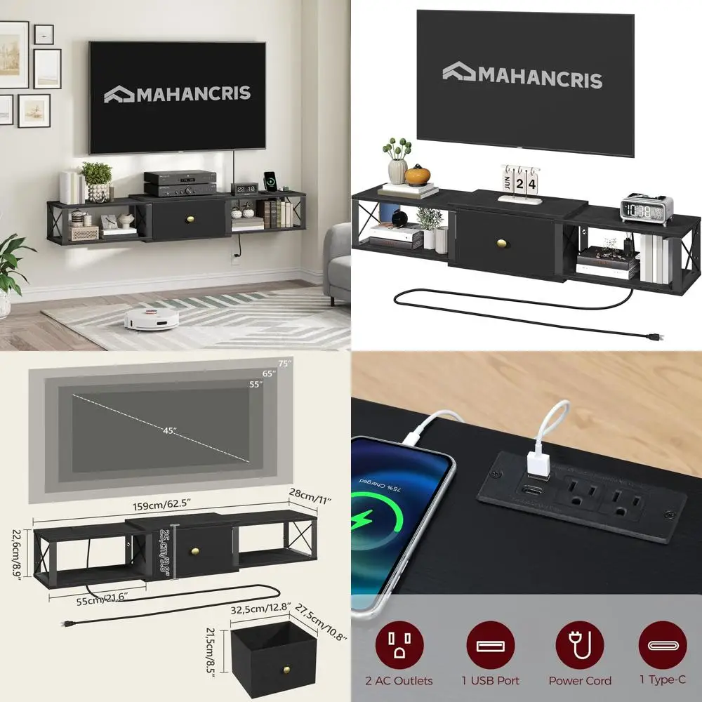 

Настенная плавающая тумба под телевизор 63 дюйма с выдвижным ящиком, полка для развлекательного центра в гостиную и спальню, черная