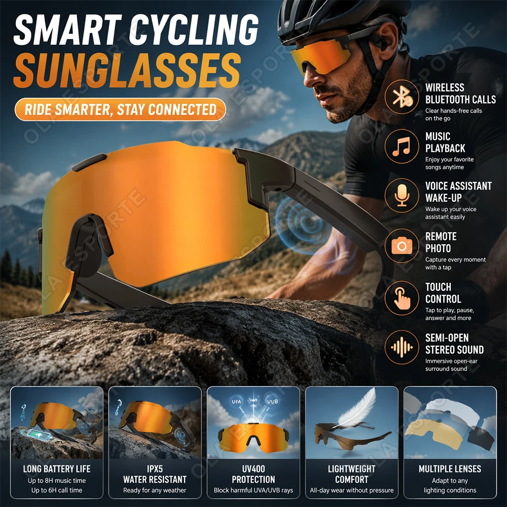2026 New Smart Cycling Glasses Long Battery Life Hands-Free Call & Music Playback Road Cycling Smart Glasses IP68 Waterproof
