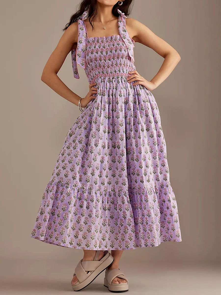 Robe d'été mi-longue à imprimé floral pour femmes, tenue fluide smockée, taille haute, dos nu