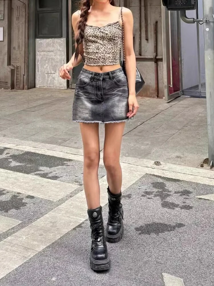 ReddaChic Denim noir femmes jupe moulante rétro ruban poches faire vieux moustaches taille basse mince Mini jupe Grunge vêtements d'été