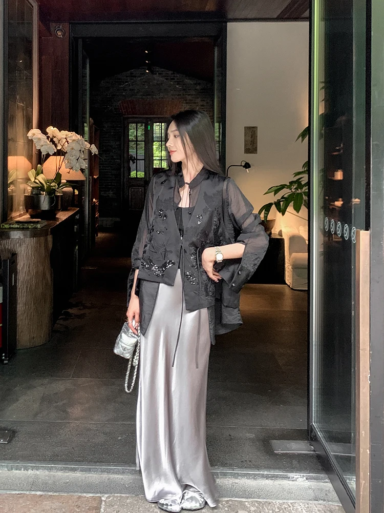 

New Chinese Sle Women's irt Embroidered Sequin High End Feeling Loose Fit Long Sve Button up Stand Collar Cardigan