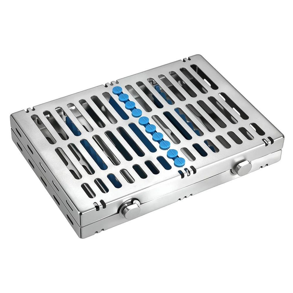 Dental sterilization box for 10 instruments, hinged design, high-pressure sterilizer instrument box rack, oral instrument storage box made of stainless steel, oral tool storage box with locking clasp