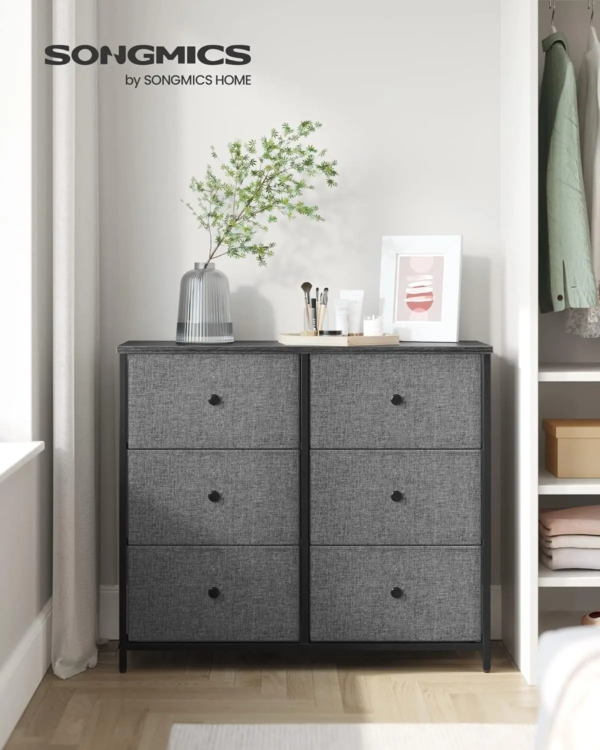 Dresser for Bedroom, Chest of Drawers, 6 Drawer Dresser, Closet Fabric Dresser with Metal Frame, Classic Gray and Classic Black