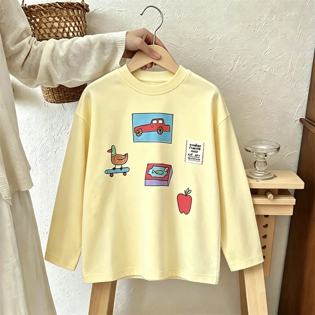Boys Girls Letter T Shirt Casual Loose Spring Wear Thin Pure Cotton Clothes Round Neck Base Shirt 1-7Years Old Kids Clothing