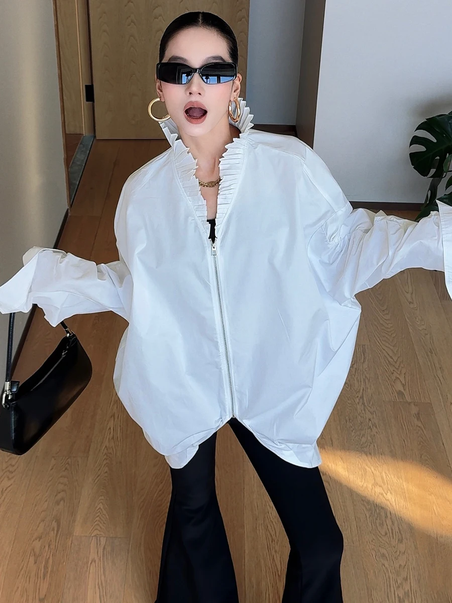 

CIZZLEMORE Faionable Loose Women's irt Design Sensation Accordion Pleat French Sle Cotton Long Sve Breathable Skin-F...