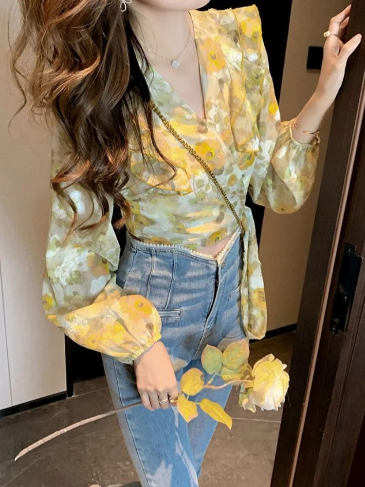 

Soft Gentle Style Women's Yellow Floral Chiffon Blouse 2026 Spring New French Tie Short Ruffle Ethereal Top