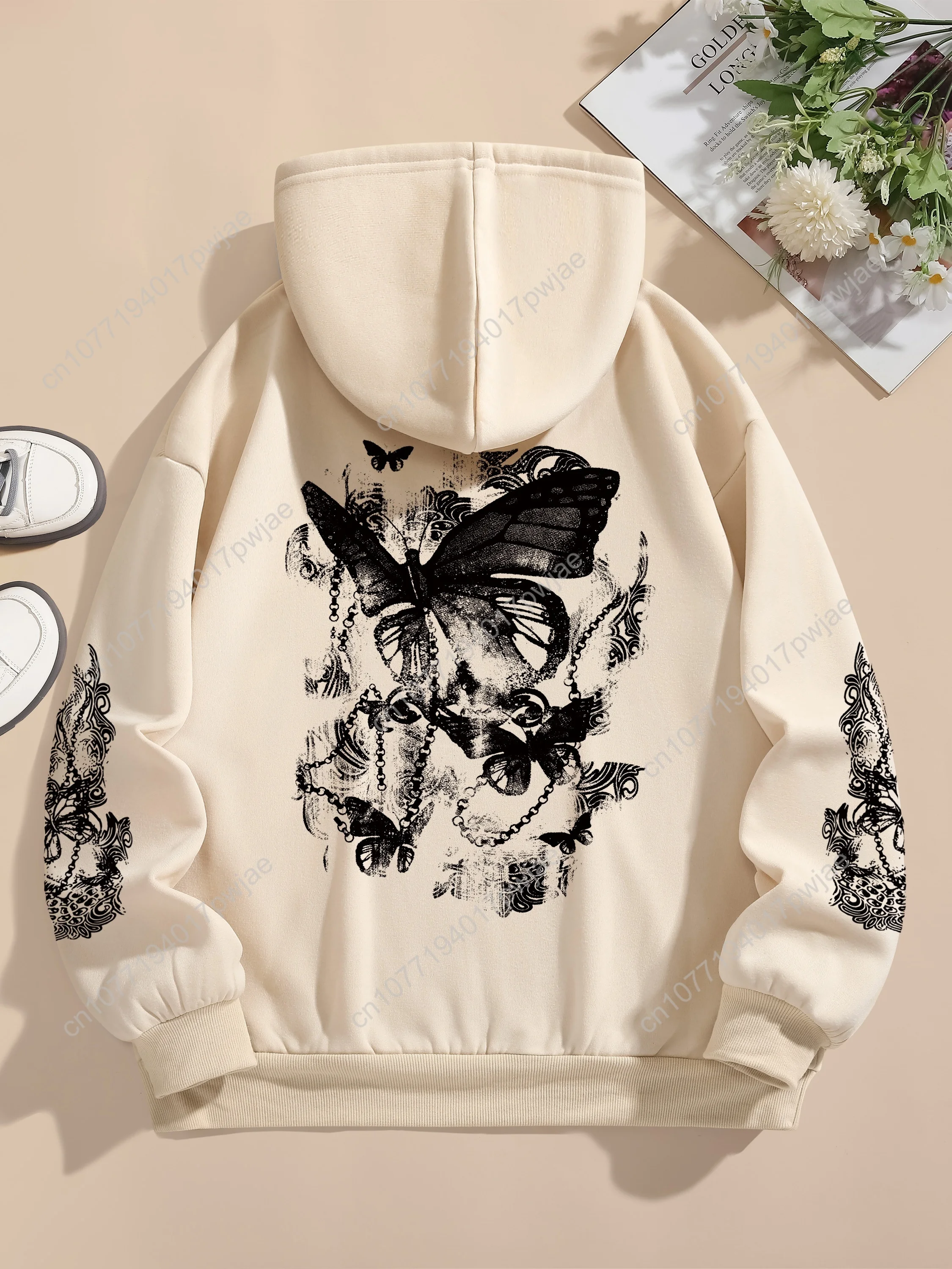 Moletom com capuz com cordão e estampa de borboleta, moletom casual de manga comprida com bolso canguru, roupas femininas