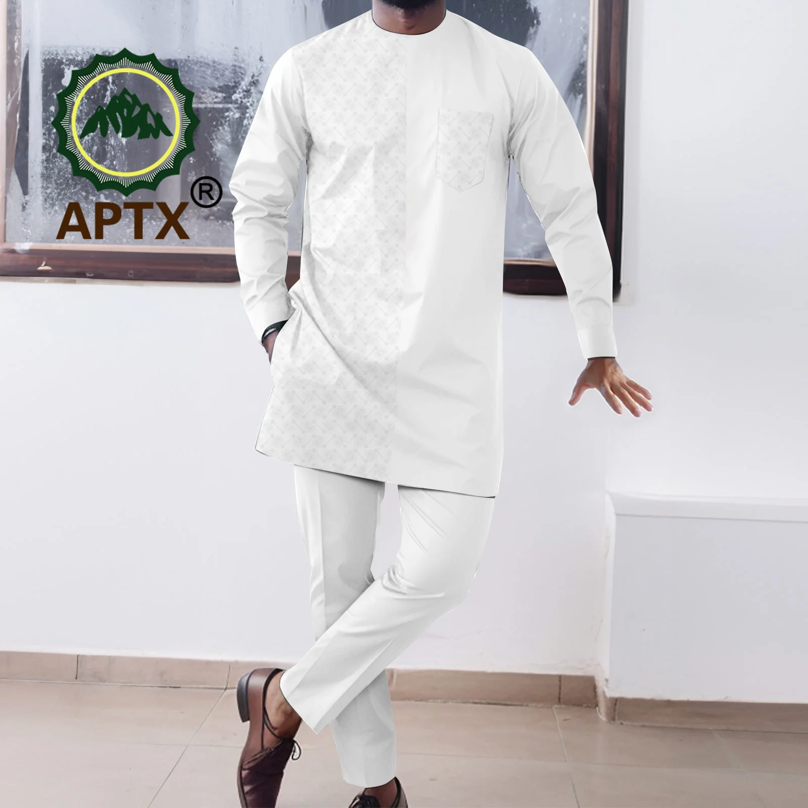 APTX Causal African Men's Suit 2 Piece Set Wedding Clothes Sportswear O-neck Shirt +Pants Abaya Polyester Material A2316100