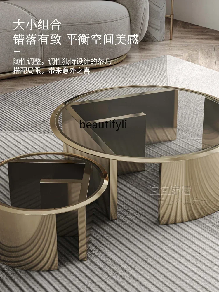 

cqyItalian Minimalist round Tempered Glass Coffee Table Combination Living Room Modern Light Luxury Home High-End Furniture