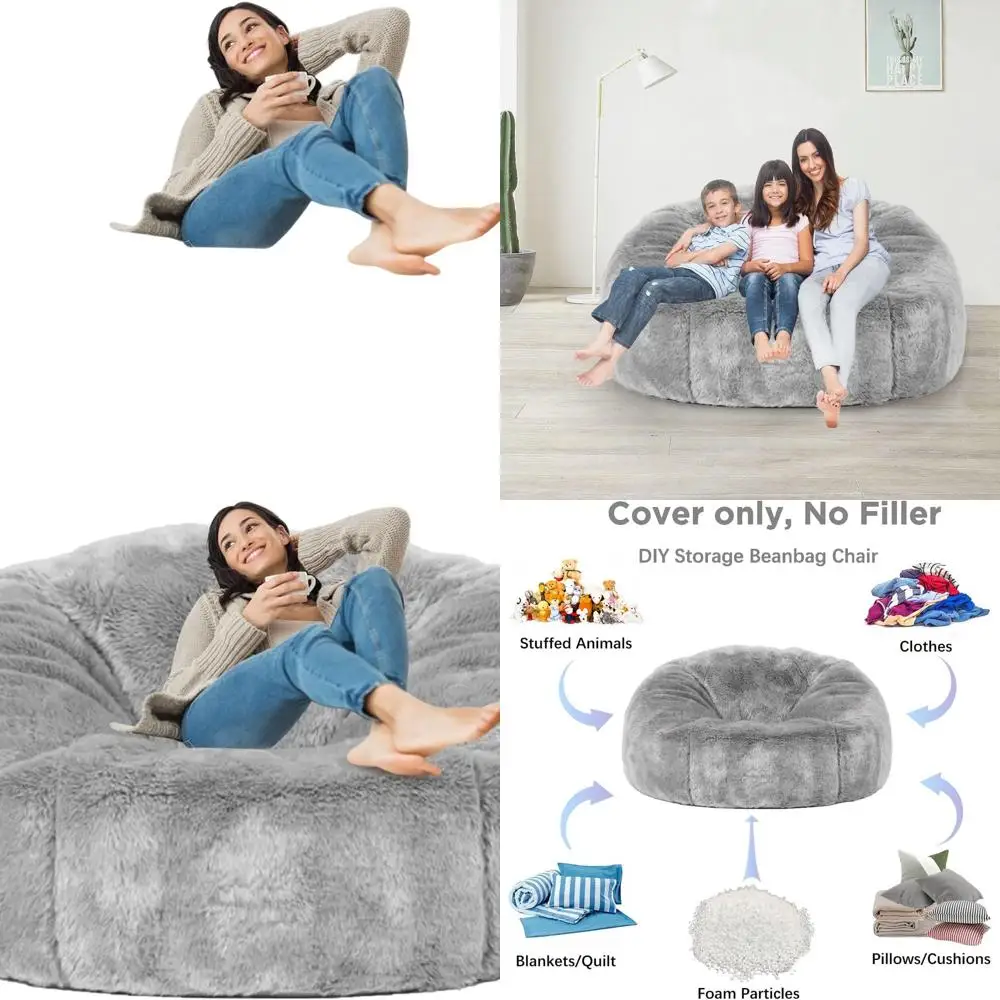 

7-Foot Soft Faux Fur Bean Bag Chair Cover with Washable Sofa Bed Liner for Adults and Kids