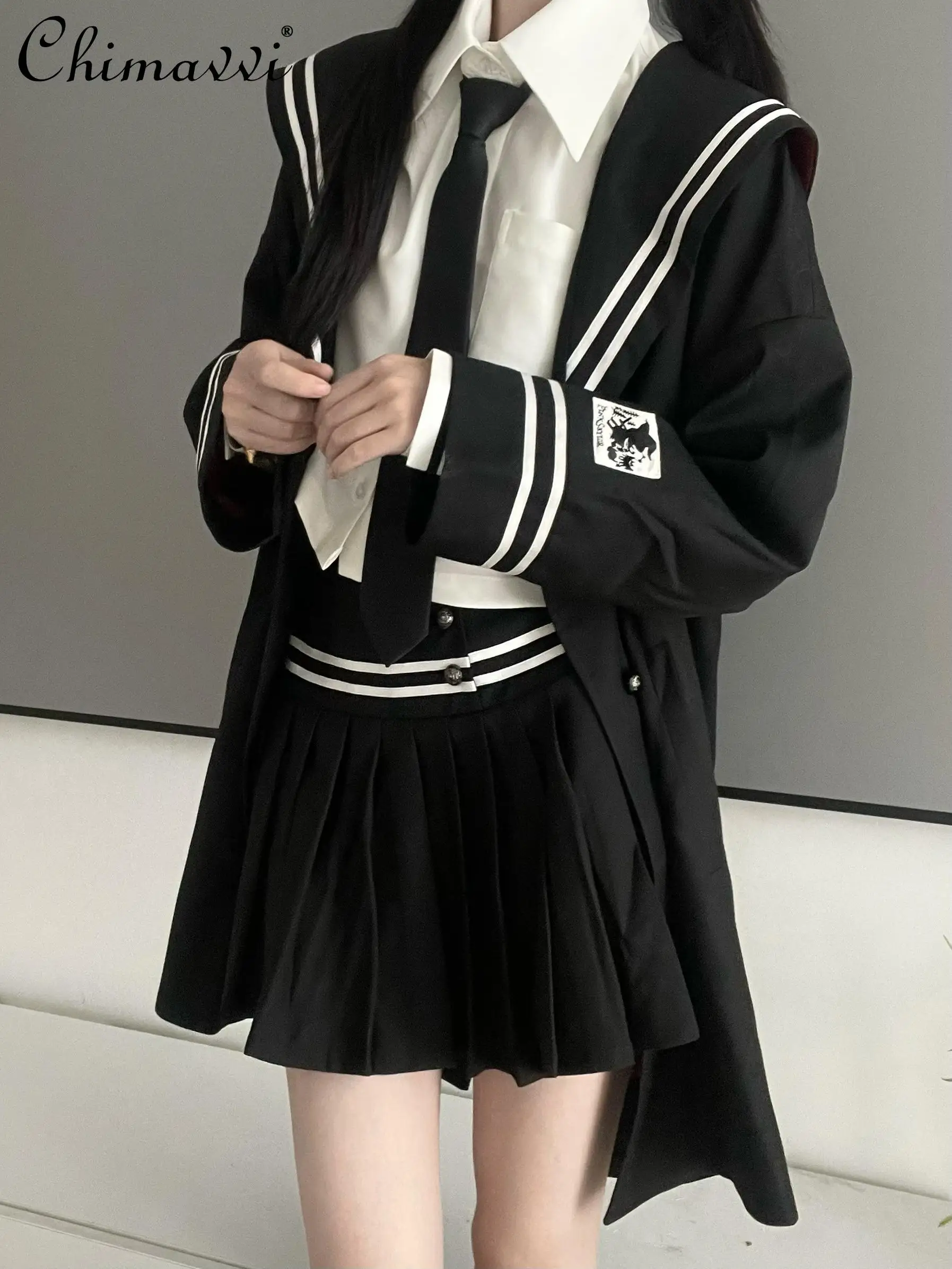 Preppy Stye New 2024 Autumn Cool Girls Women Hooded Trench Coat Long Sleeve White Shirt Short Pleated Skirt Women's Outfit