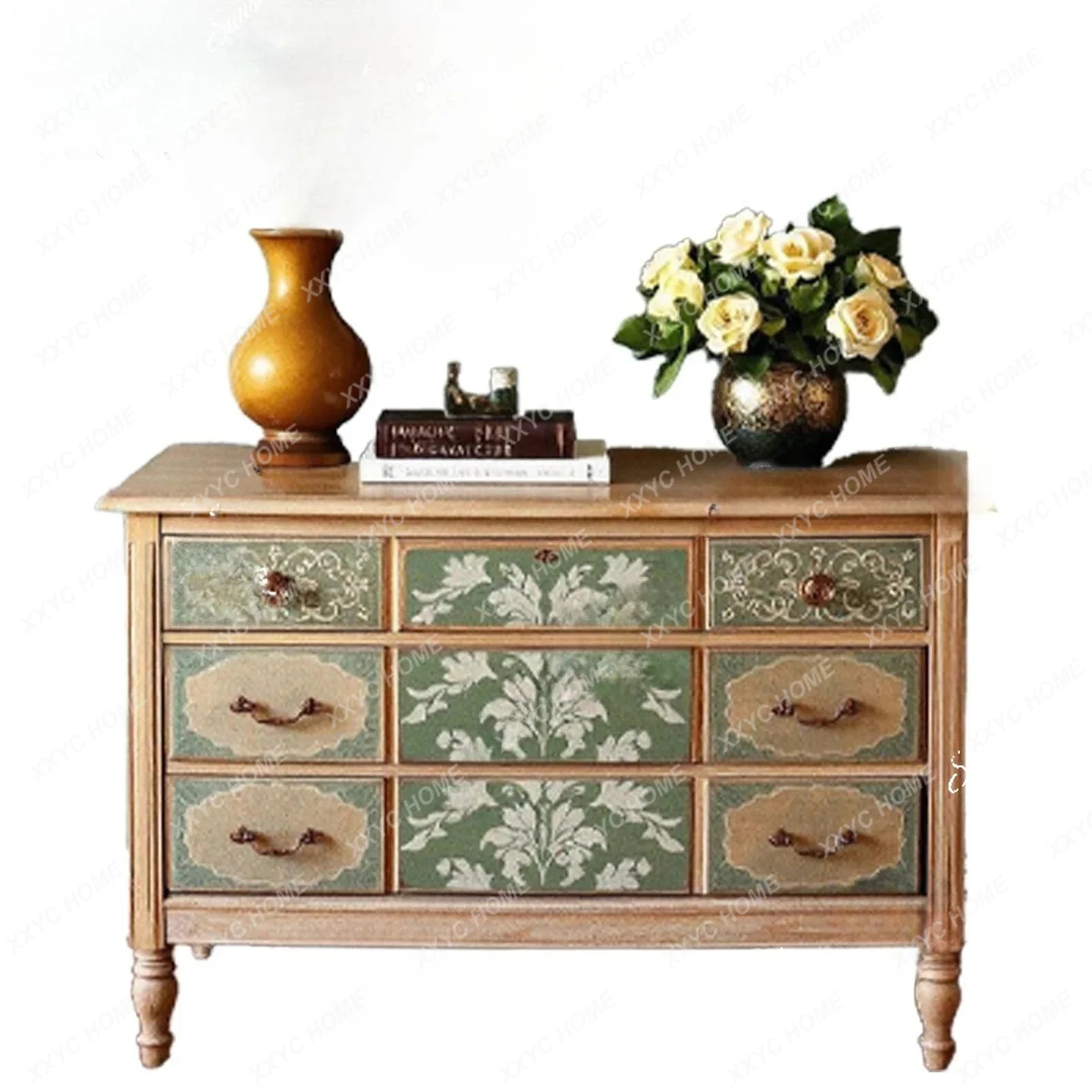 AA vintage solid wood painting floral pattern small apartment living room chest of drawers storage cabinet
