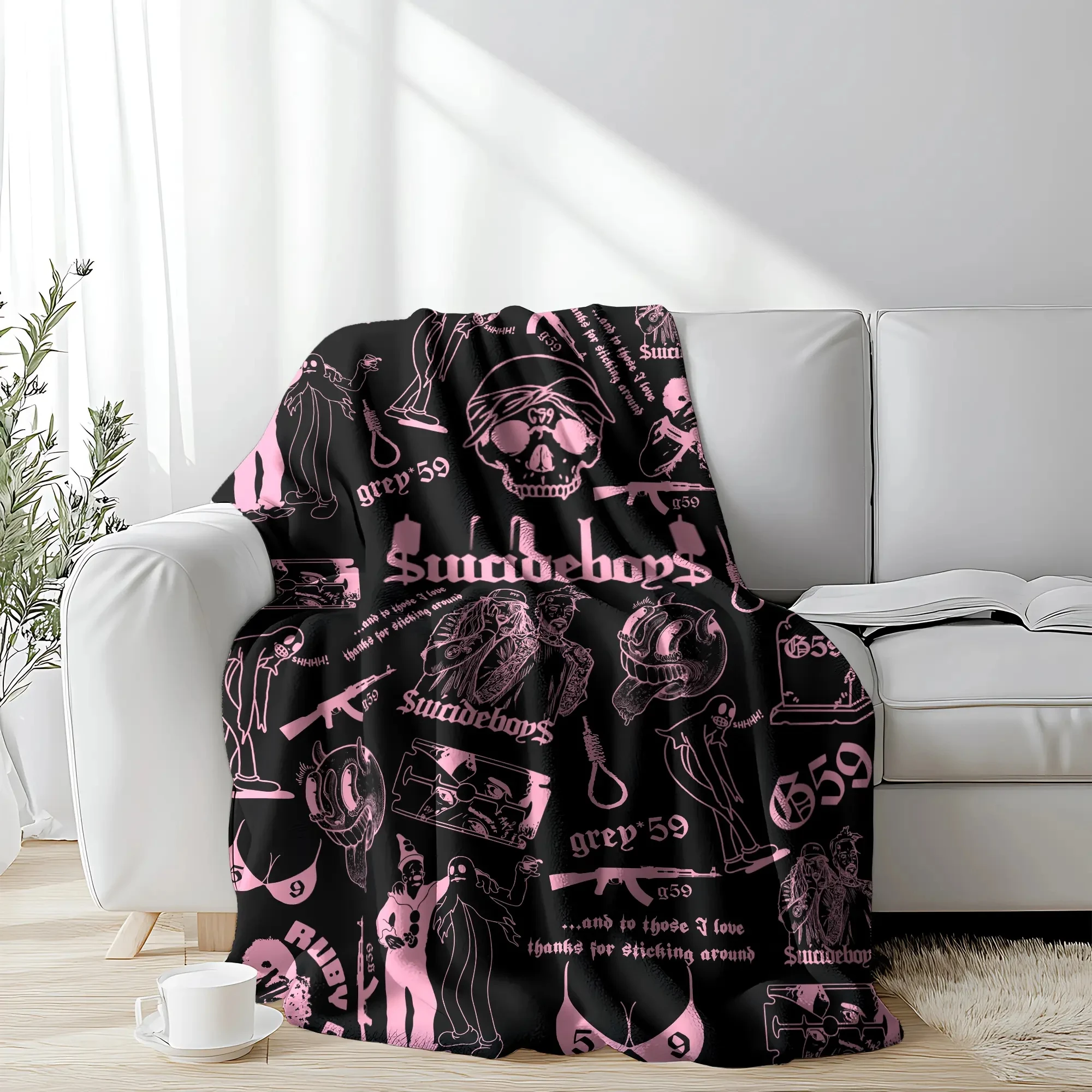 Retro Punk Print Blanket, Soft Horror Skull & Clown Art Blanket Versatile For Sofa Nap Camping And Fan Collectible Present