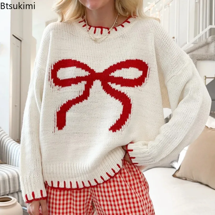 

New Woman's Pullover Lazy Style Pullover Knitted Top Bowknot Jacquard Loose Outerwear Sweater Cute Style Commuting Style Coats