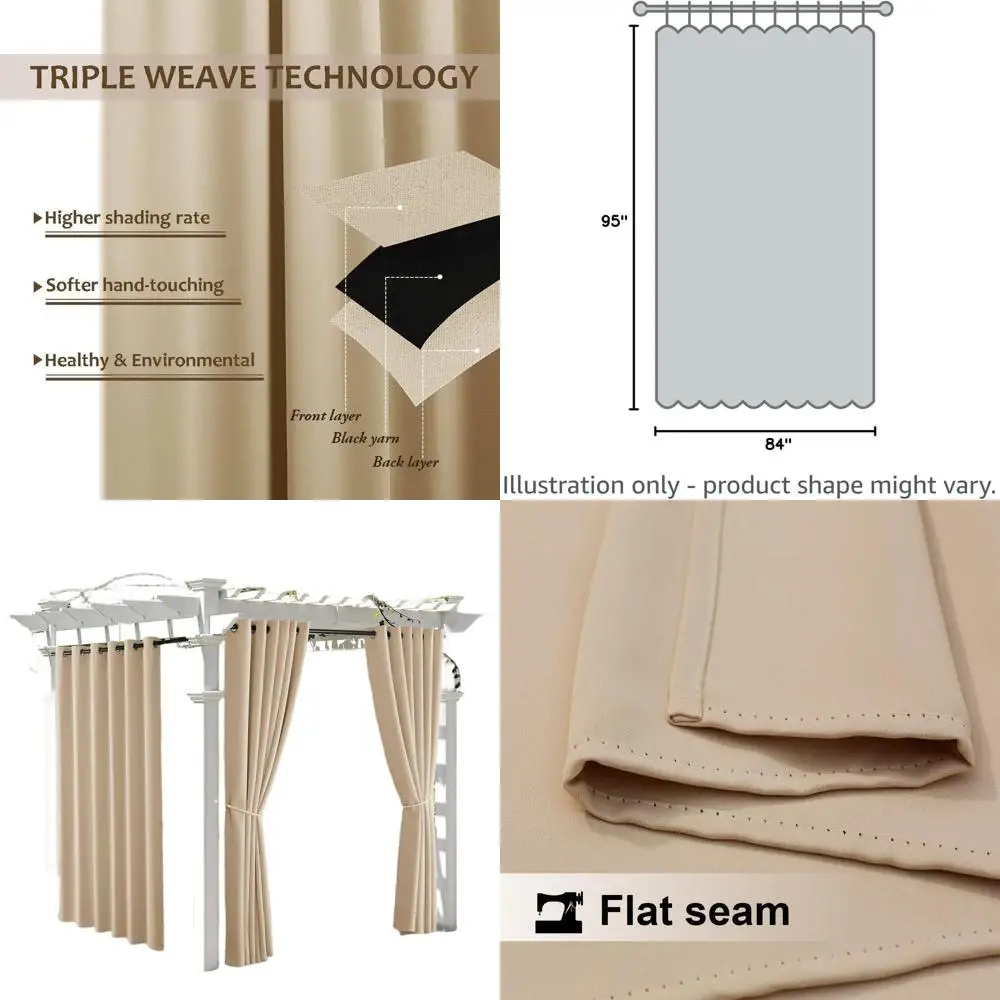 

Waterproof 95 Insulated Grommet Patio Curtains, Biscotti Beige, W84 x L95, Sound-Reducing for Outdoor Cabanas